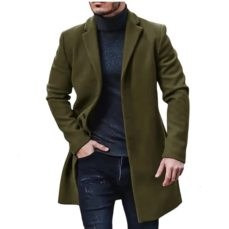 Mens Woolen Jacket Medium Length Windbreaker Casual Decorative Top 241213