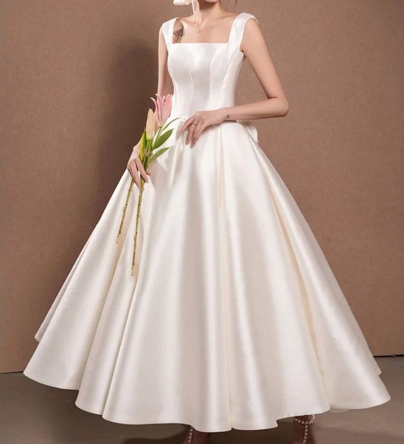 Vintage Short Tea Length Wedding Dresses Square Neck Big Bow Satin Bridal Party Gowns Vestido De Novias Robe De Mariage
