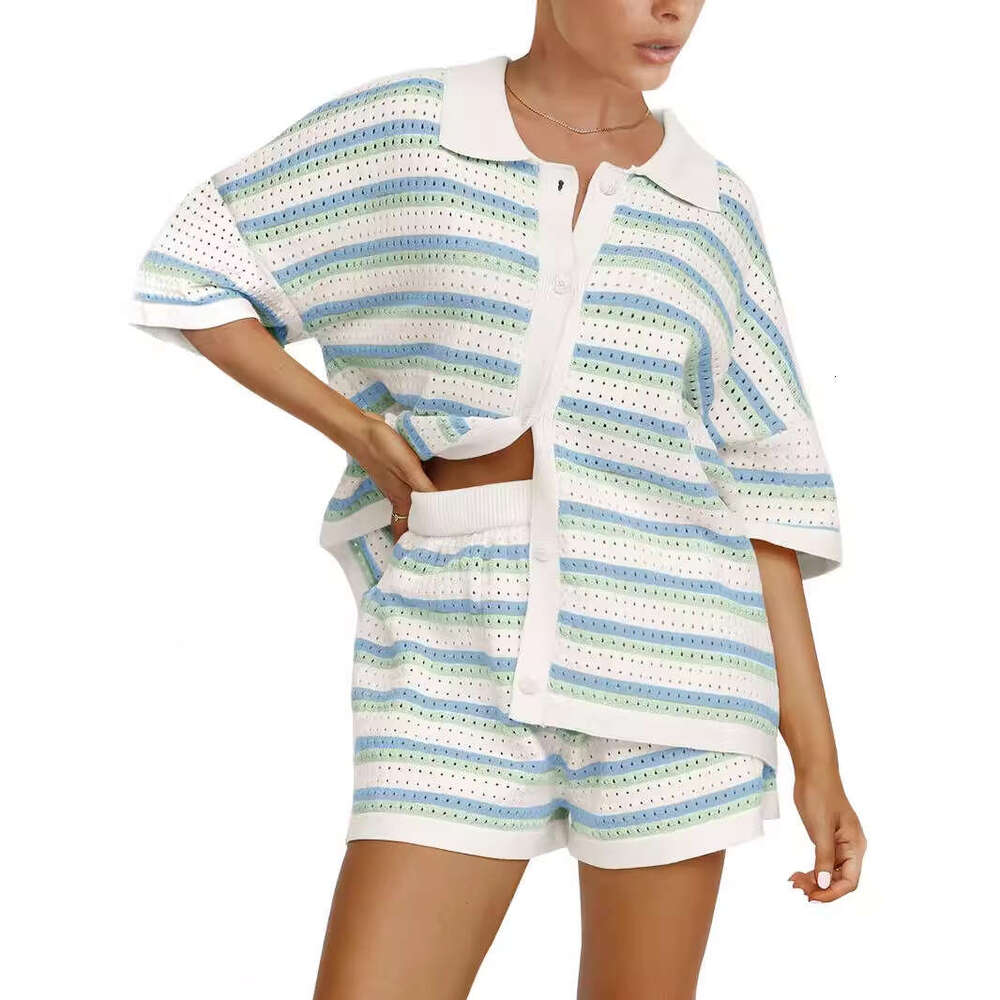 New Collar Short Sleeve Striped Knitted Single Breasted Cardigan Top High Waist Shorts Color Blocked Set Women's Fashion Quality Classic