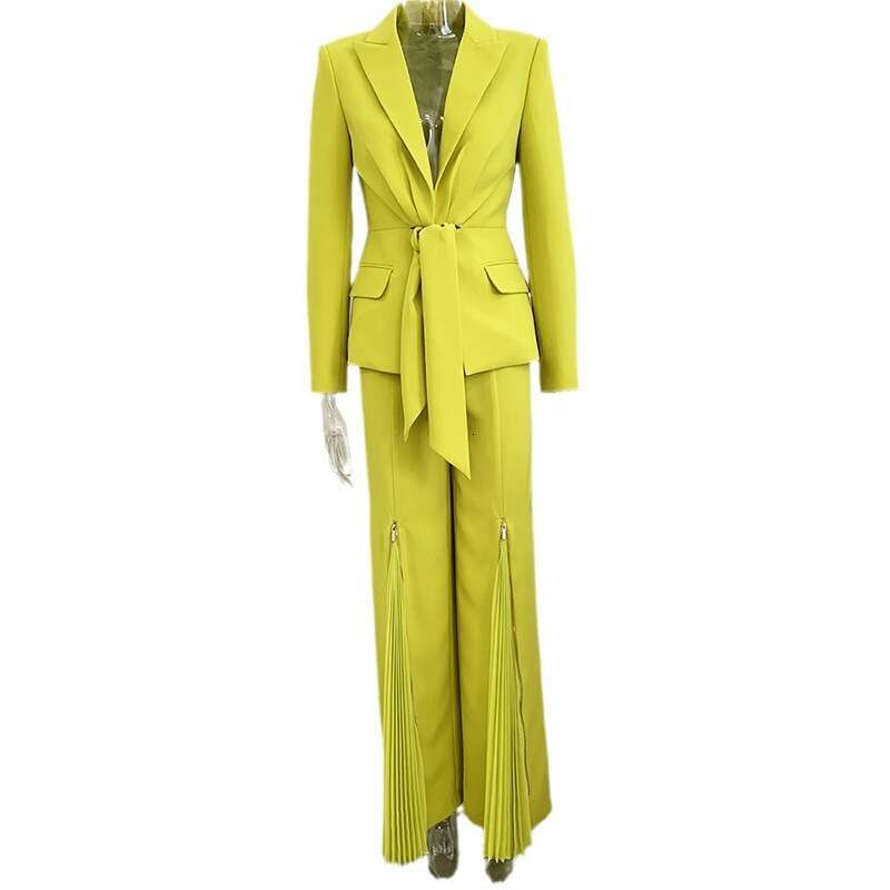 Ladies' Suit HIGH QUALITY Newest Fashion Designer Runway Suit Women's Belted Blazer Jacket Wide Leg Pleated Pants Set Two Pieces
