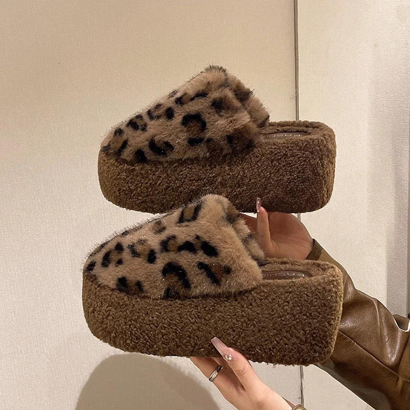 Women Fur Platform Slides Leopard Print Thick Women Shoes Slippers Winter Trend Plush Warm Outdoor Flip Flop Snow Womens Boots 241213