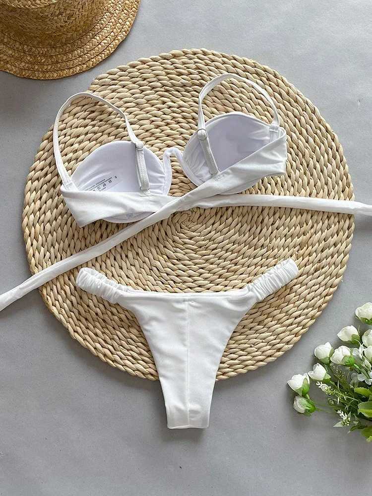 OIINAA Swimwear Women Sexy Soild Color Swimsuit Pated Bikini Suit Lace Up Bow Tie Biquini Summer Thong Two-pieces Bathing SuitXJ241212