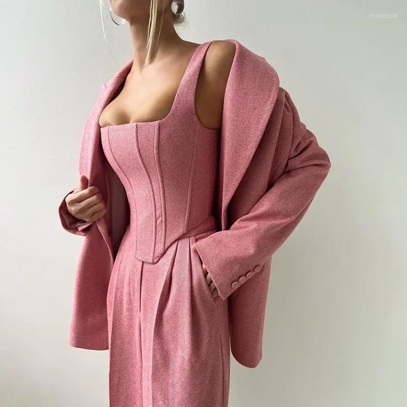 Women's Two Piece Pants Fashion Grey Sets For Women 3 Pieces Elegant Long Sleeve Belt Blazer Tank Top With High Waist Wide Trousers Lady