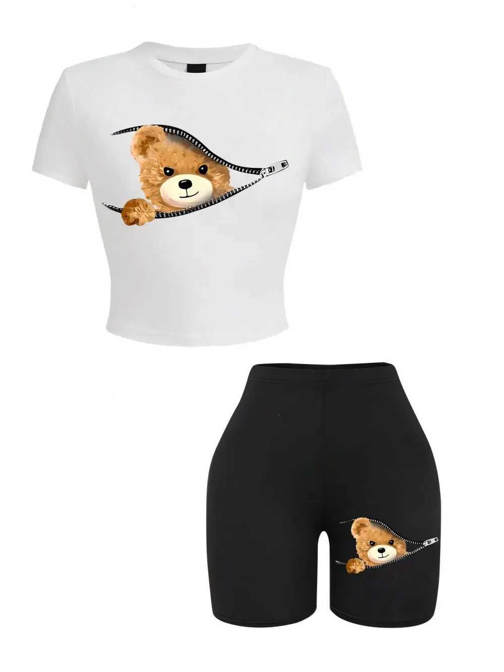 Women's Two Piece Pants 2 Pieces Set Women Slim Crop T-Shirts Shorts A Teddy Bear Emerged From The Zipper Prints Tops Sporty High Elastic Soft Cl