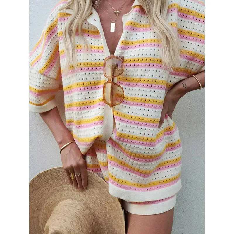 Women's Two Piece Pants JINIA Summer Striped Knitted 2 Piece Short Sets Women 2024 Casual Single Breasted Lapel Cardigan Short Sets Ladies Boho O