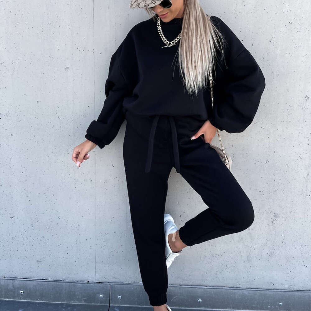 European American Foreign Trade Autumn And Winter New Solid Color Hoodie Two-Piece Set Trendy Clothing Fashion Casual Temperament