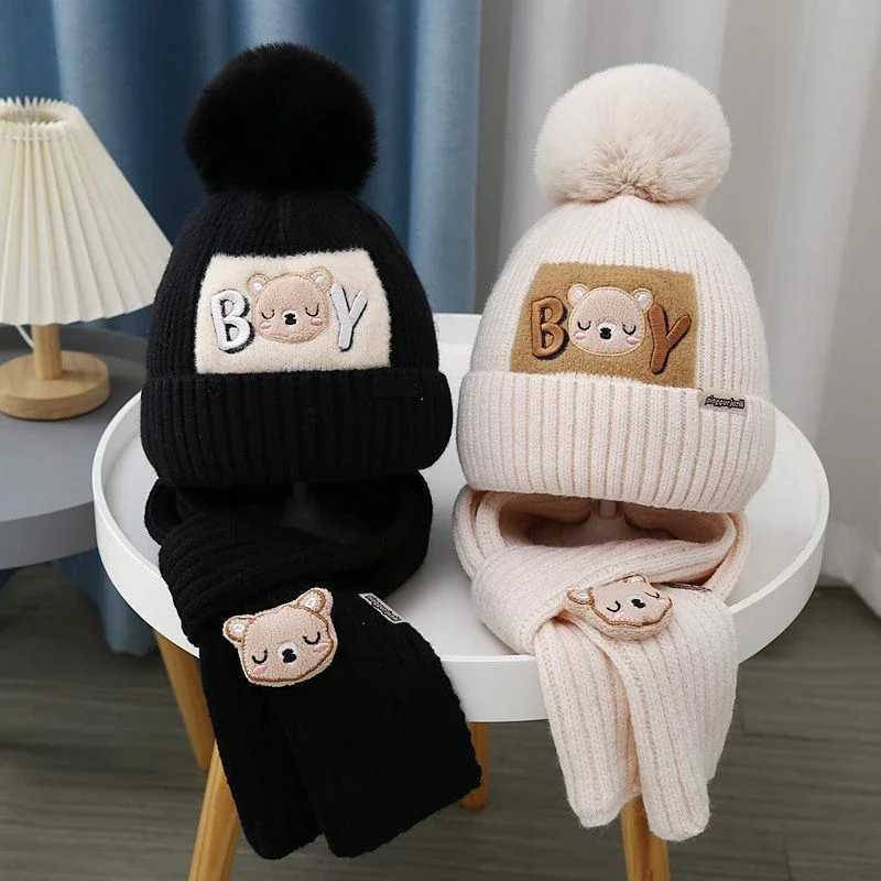 Winter Children Scarf Beanie Set 1-6year Baby Thick Woolen Knitted Hat Cute Kids Ear Protection Cap Toddler NeckerchiefsXJ241213