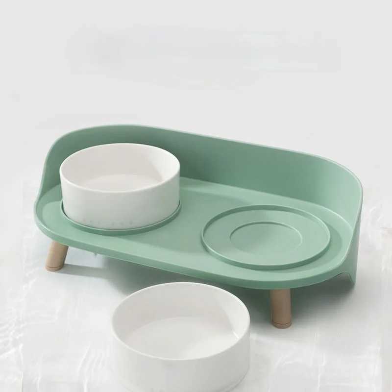 Cat Feeders Cats Food Water Feeder Cat Double Bowls with stand Puppy Ceramic Double Drinking Dish Bowl Wooden Rack Pet Tableware food tray z241213