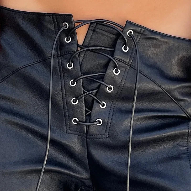 Casual loose crossover womens Pu leather pants autumn fashion straight leg low waist casual womens Trouser 241205