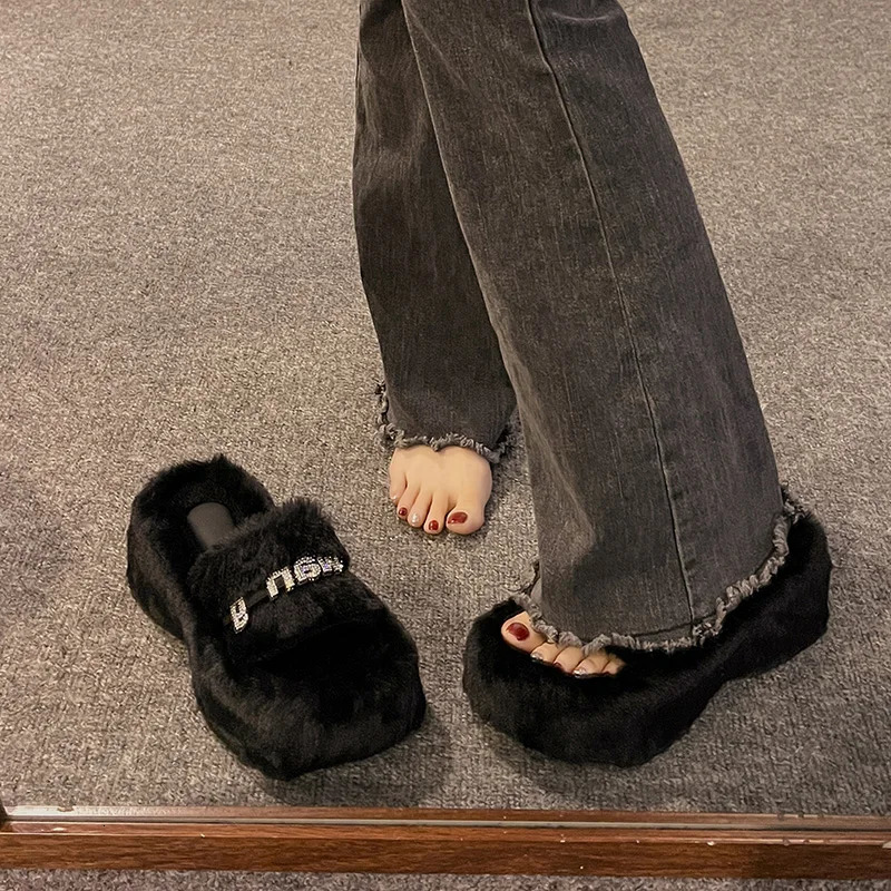 Wedding shoes womens sliders platform sliders high-heeled mules fur flap 2024 high massage plush rubber 241213