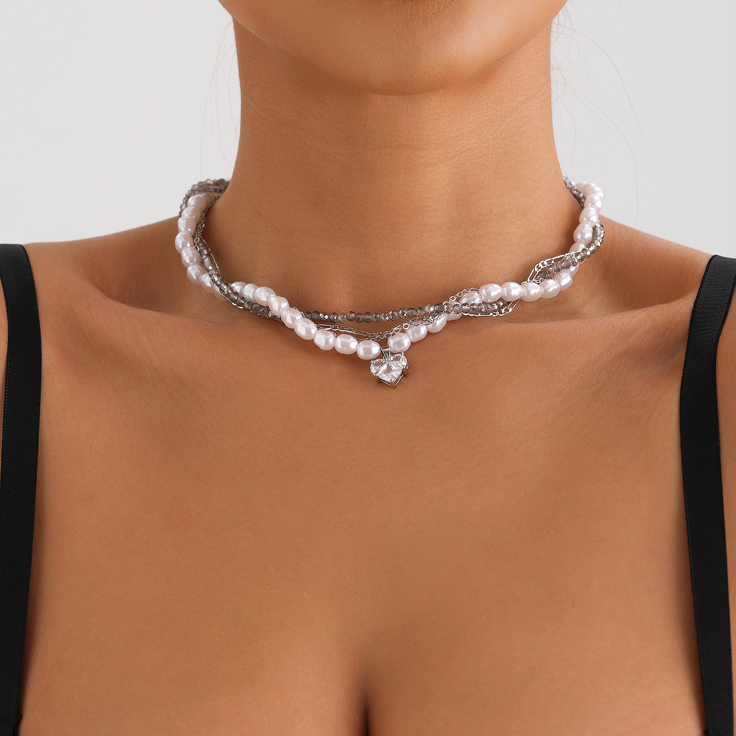 European-Style Pearl Crystal Zircon Heart Pendant Necklace for Women - Light Luxury Layered Choker Y2K Jewelry Party Birthday Wedding Gifts Valentine&