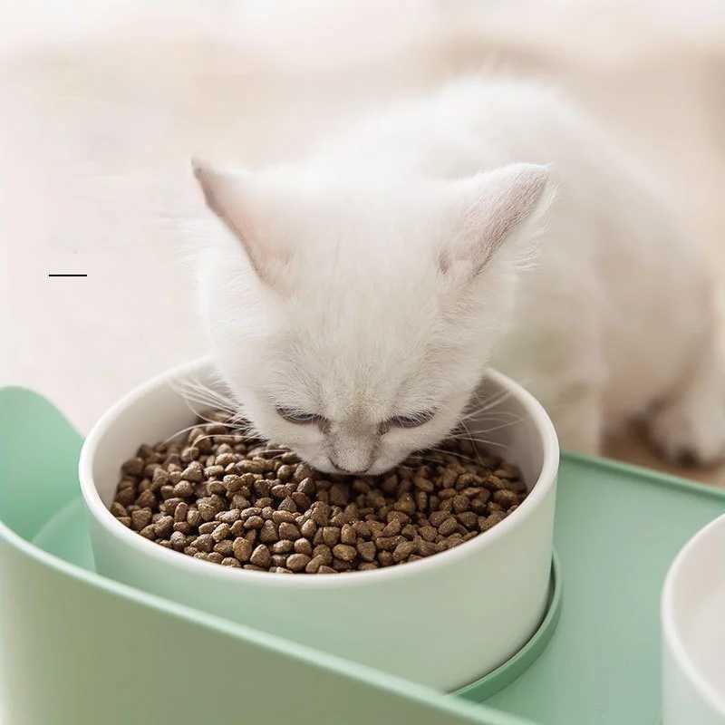 Cat Feeders Cats Food Water Feeder Cat Double Bowls with stand Puppy Ceramic Double Drinking Dish Bowl Wooden Rack Pet Tableware food tray z241213