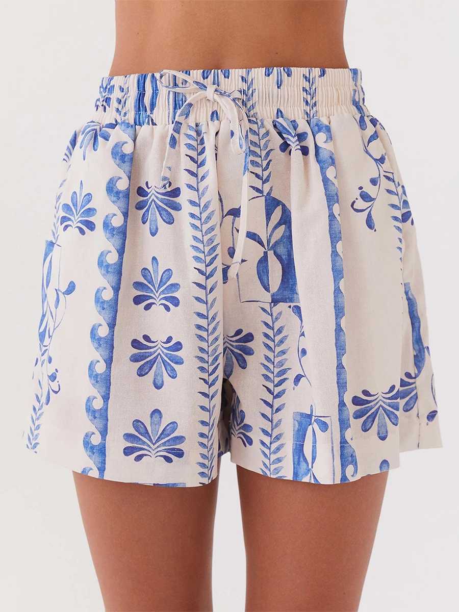 Women's Two Piece Pants Printed Shirts Two Piece Pajama Set Women Short Slve Lapel Shirts High Waist Short Suit Home Wear Outfits Boho Beachwear 
