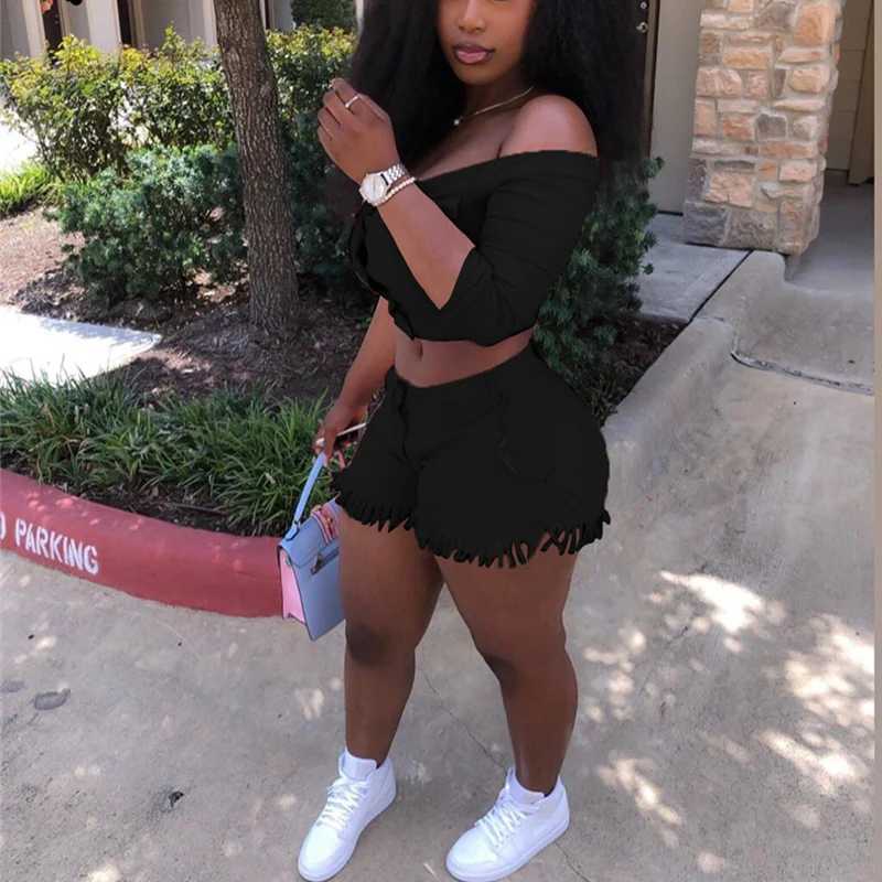 Women's Two Piece Pants Two Piece Set Women Off Shoulder Buttons Crop Top Shorts 2 Piece Set Outfits Tracksuit Plus Size Casual Strtwear S 3XL 4X