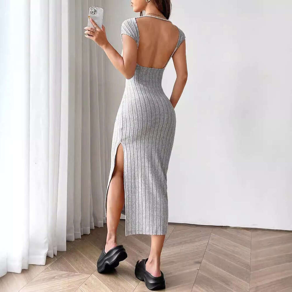 European and American women's clothing 2024 summer new round neck short sleeved backless temperament sexy slit dress