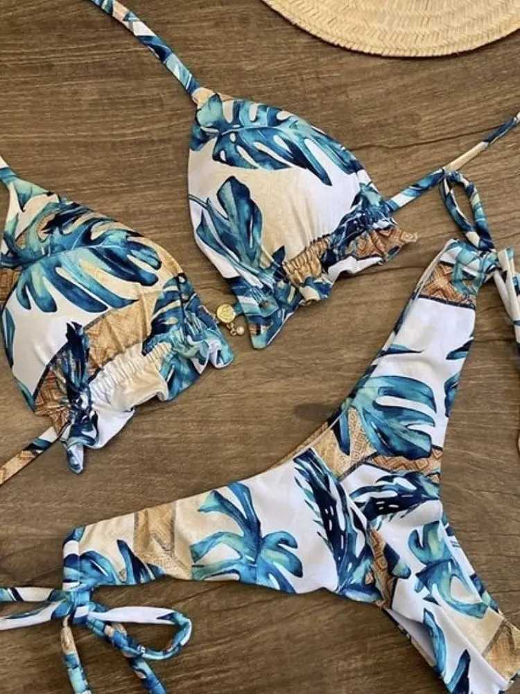 RUOTONGSEPT Sexy Micro Bikinis Set 2024 New Swimsuit Women Feather Print Bandage Swimwear Fa Bathing Suit Brazilian BiquinisXJ241212