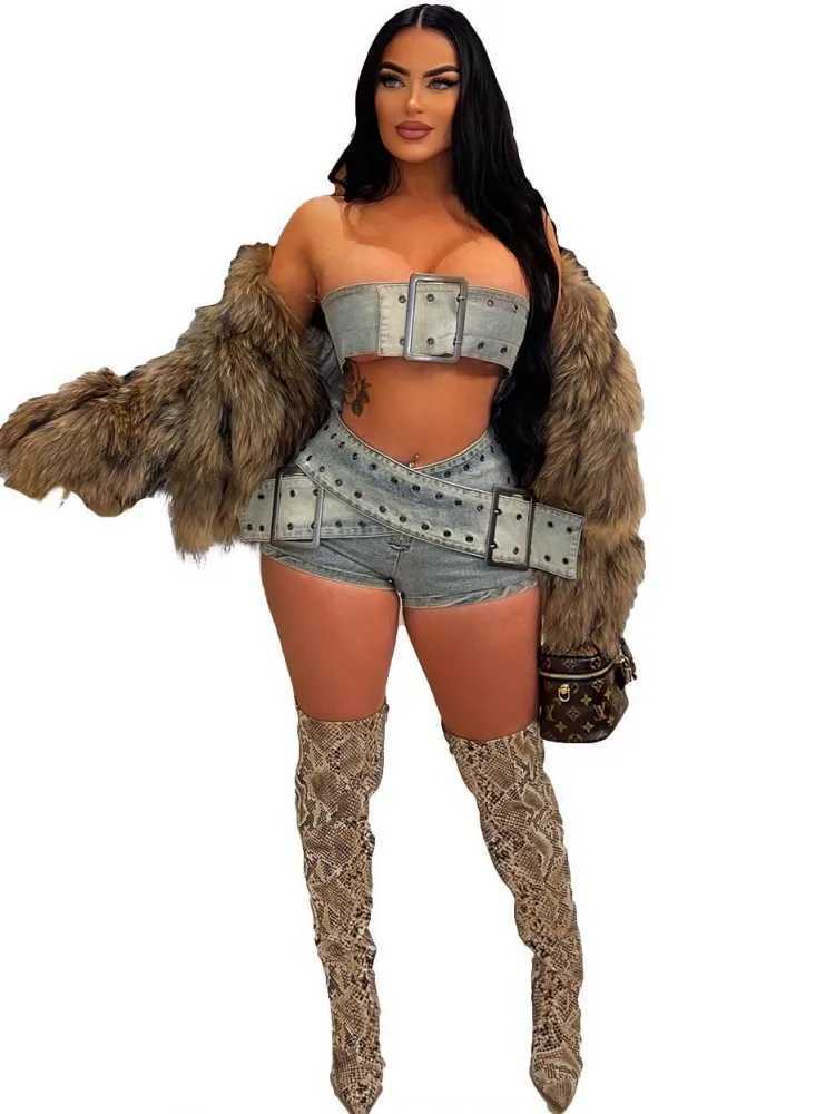 Women's Two Piece Pants 2 Pieces Sexy Summer Spring Fashion Women Set 2024 Strapless Slveless Denim Jeans Tops And Shorts Suit Matching Sets Outf