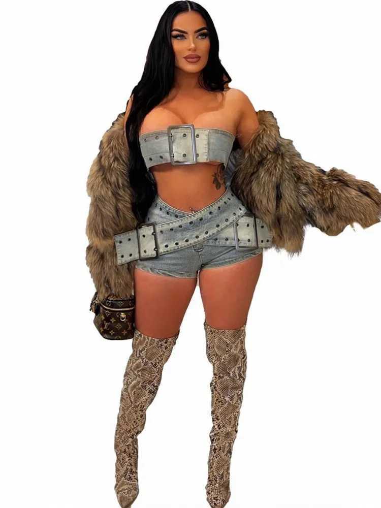 Women's Two Piece Pants 2 Pieces Sexy Summer Spring Fashion Women Set 2024 Strapless Slveless Denim Jeans Tops And Shorts Suit Matching Sets Outf