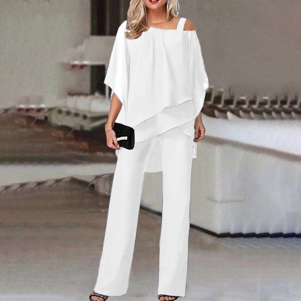 European And American New Solid Color Loose Casual Slanted Shoulder Bat Sleeve Irregular Long Pants Two-Piece Set Fashionable Quality Classic