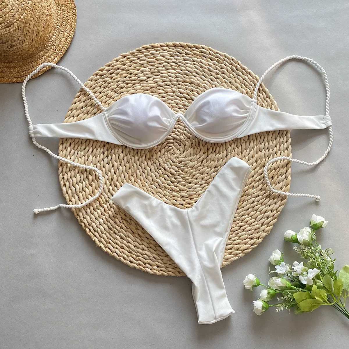 Push Up Bikini 2025 Sexy Women Solid Black White Underwire Swimsuits Brazilian Cut Out Beach Bathing Suit Thong Swimwear BiquiniXJ241212