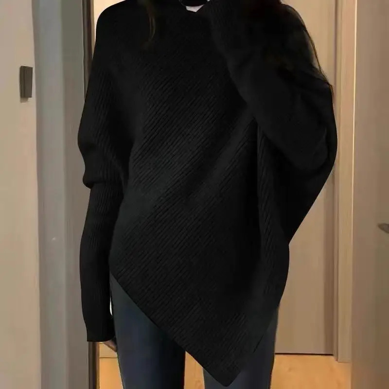 Autumn and Winter Womens Sweater Korean Fashion Casual Turtle Neck Solid Asymmetric Loose Batwing Sleeve Pulling Flower Knitted Top 241212