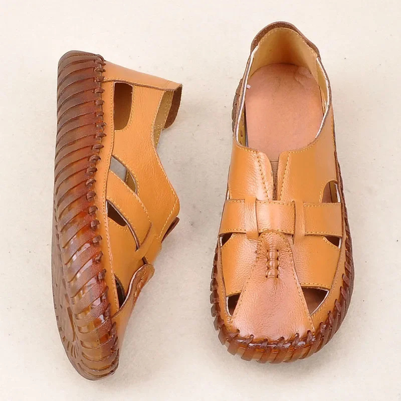 Ngouxm Womens Sandals Summer Genuine Leather Handmade Womens Sandals Womens Flat Shoes 241213
