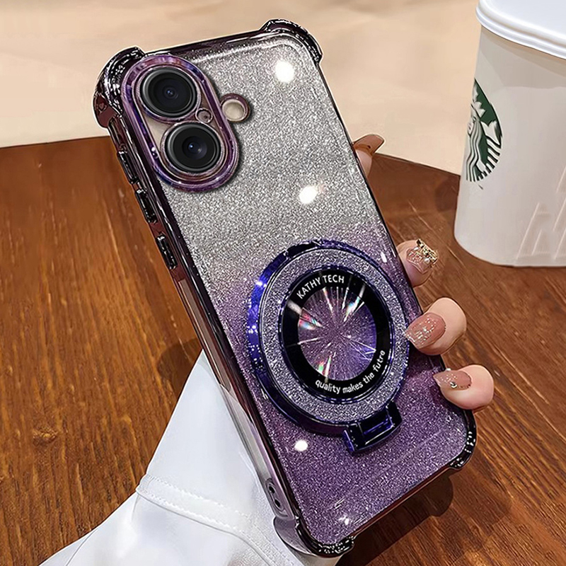 Luxury Four Corner Bling Glitter Clear Soft TPU Ring Stand Magnetic For Magsafe Wireless Charging Cases With Lens Film Protector For iPhone 16 15 14 1