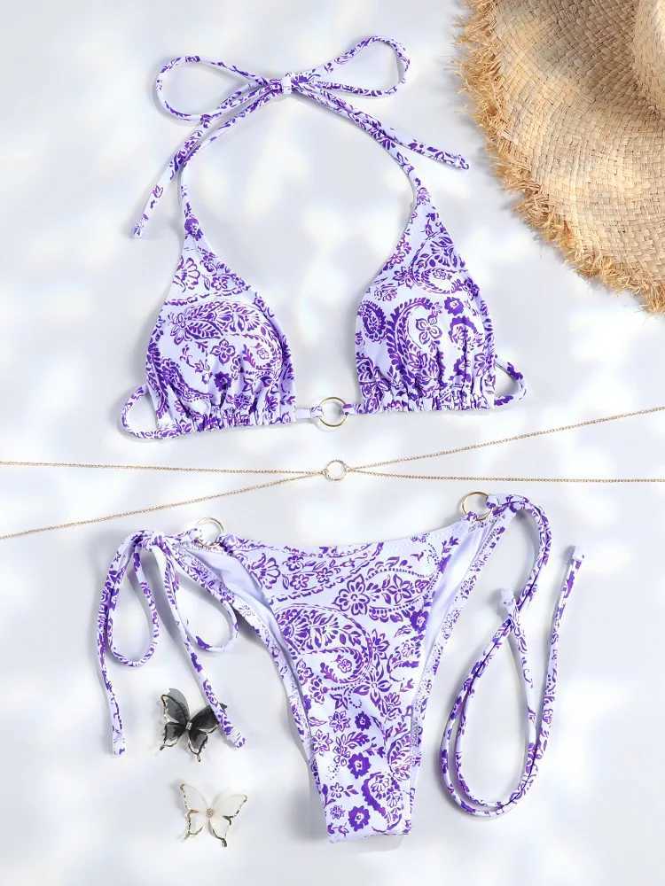 Sexy Triang Chains Bikini Sets Micro Thongs Swimsuit Women Bathing Suit Biquini Bandage Beachwear Print Swimwear Thong BikiniXJ241212