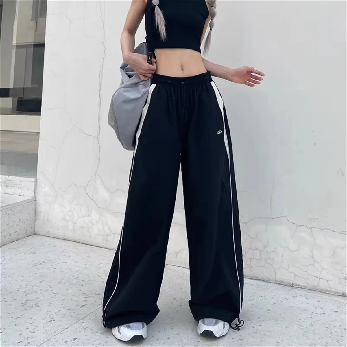 Women Casual Wide Leg Cargo Pants Drawstring Solid Streetwear Elastic Waist Sweatpants Loose Y2K Joggers Hip Hop Baggy Trousers 241203Z
