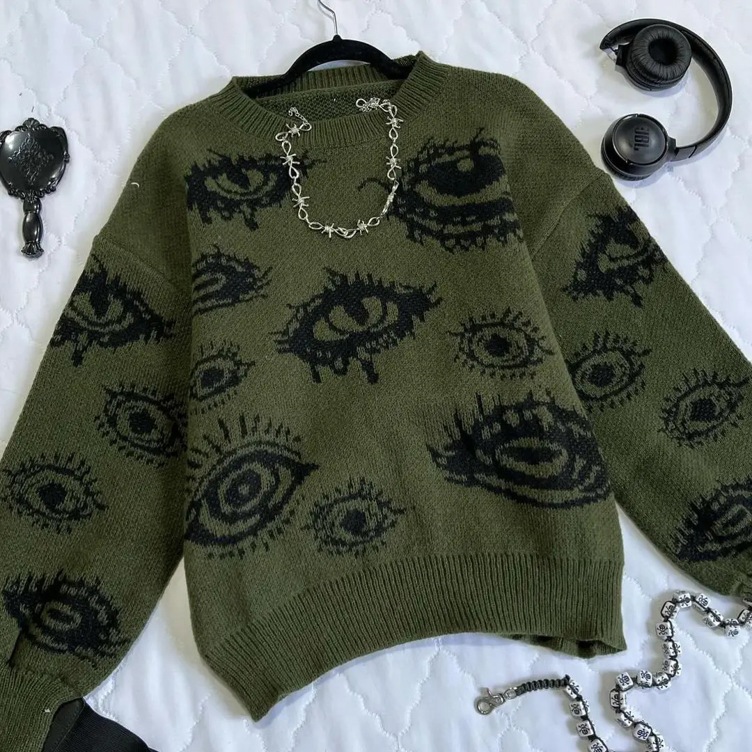 Gothic Punk Oversized Eye Pattern Sweaters for Men and Women Autumn Winter Thickened Sweatshirts Knitted Sweater Streetwear 241213