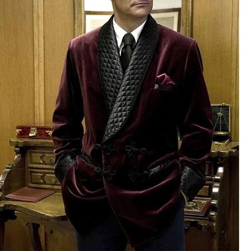 1 Pc Veet Smoking Jacket Shawl Lapel Loose Men Suit Prom Blazer Retro Dinner Party Male Fashion Coat 2024 Latest Designs