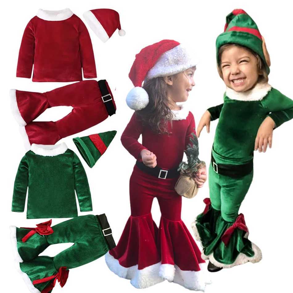 Muababy New Girl Christmas Role Play Long Sleeve Bell Bottom Velvet Set Carnival Party Santa Claus Costume W241213