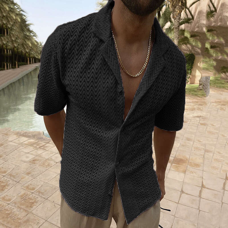 European And American New Casual Fashion Solid Color Lapel Button Lace Short Sleeved Hollow Shirt Top Fashionable Quality Classic