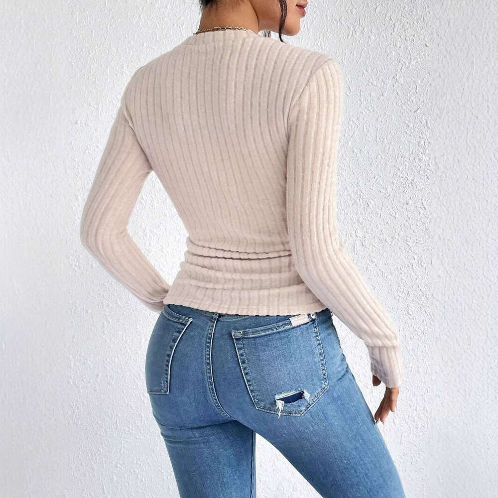 European and American long sleeved top 2024 winter slim fit round neck versatile knitted base T-shirt