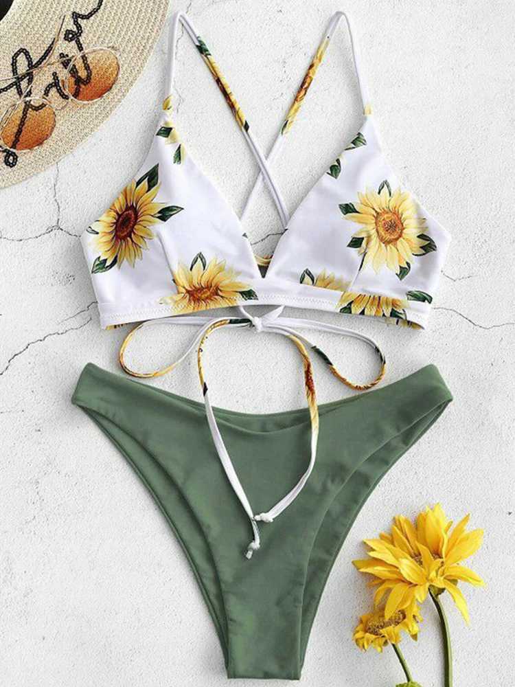 Sunflower Printed Bikini Set Sexy Swimwear Women 2023 Mujer Push Up Padded Biquini Bathers Bandage Bathing Suit Swimsuit BikiniXJ241212