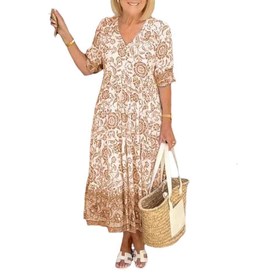 Temperament Commuting V-Neck Short Sleeved Ral Tie Printed Loose Long Dress
