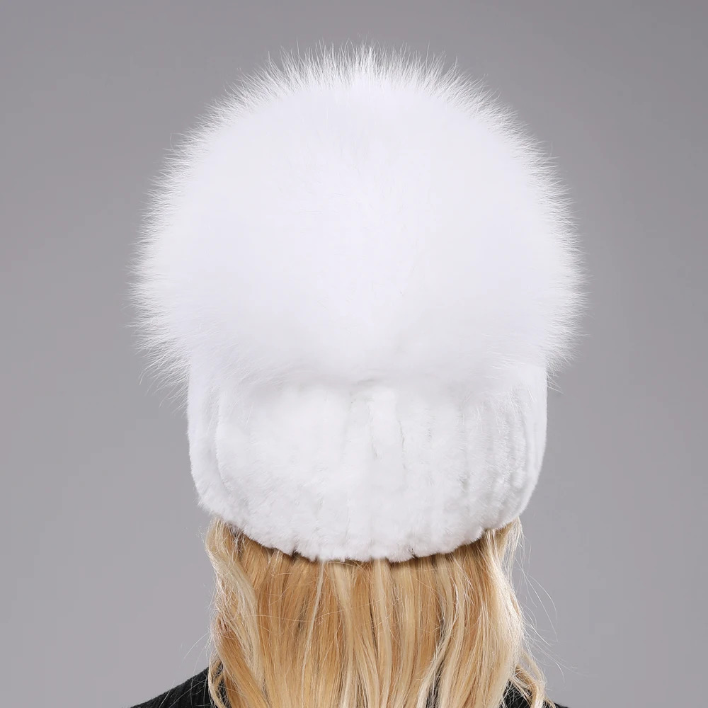 Russian Style Womens Genuine Fox Fur Hat for Girls Natural Genuine Rex Rabbit Fur Skull Hat Knitted Winter Genuine Fur Hat 241205