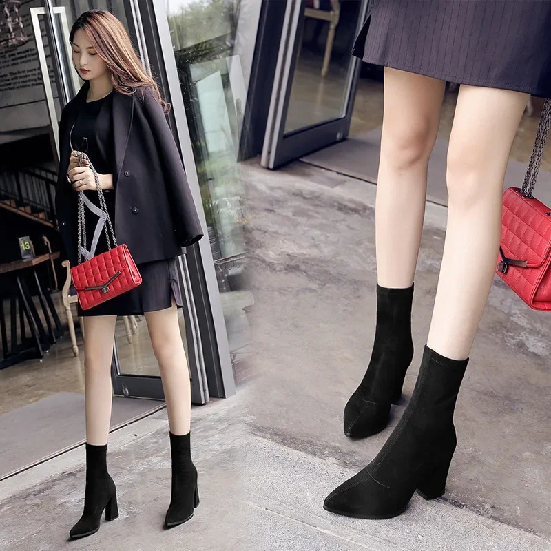 Womens Autumn/Winter Elastic Boots Winter Thick High Heels Ultra Thin Boots Womens Summer British Fashion 241213
