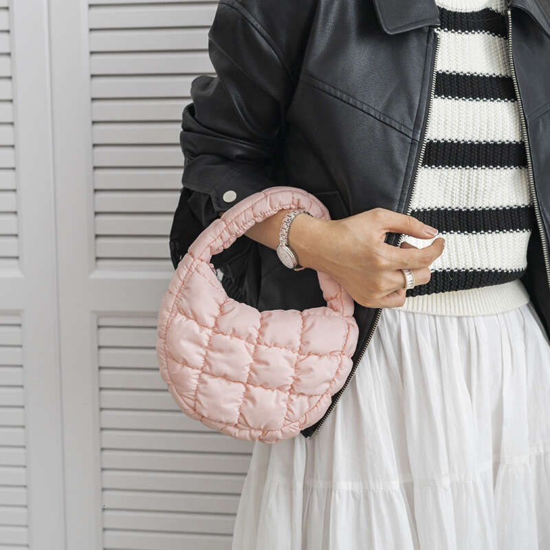 2024 New for Women, Small and Popular, Checkered Down Cotton Bubble Fashionable Handheld Bag, Korean Folded Cloud Bag