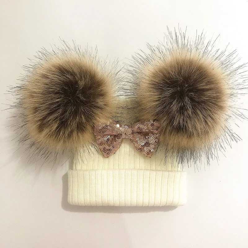Baby Girl Knit Glitter Bow Knot Double Pompom Hat Faux Fur Winter Cap For Kids Children Beanie BonnetXJ241213