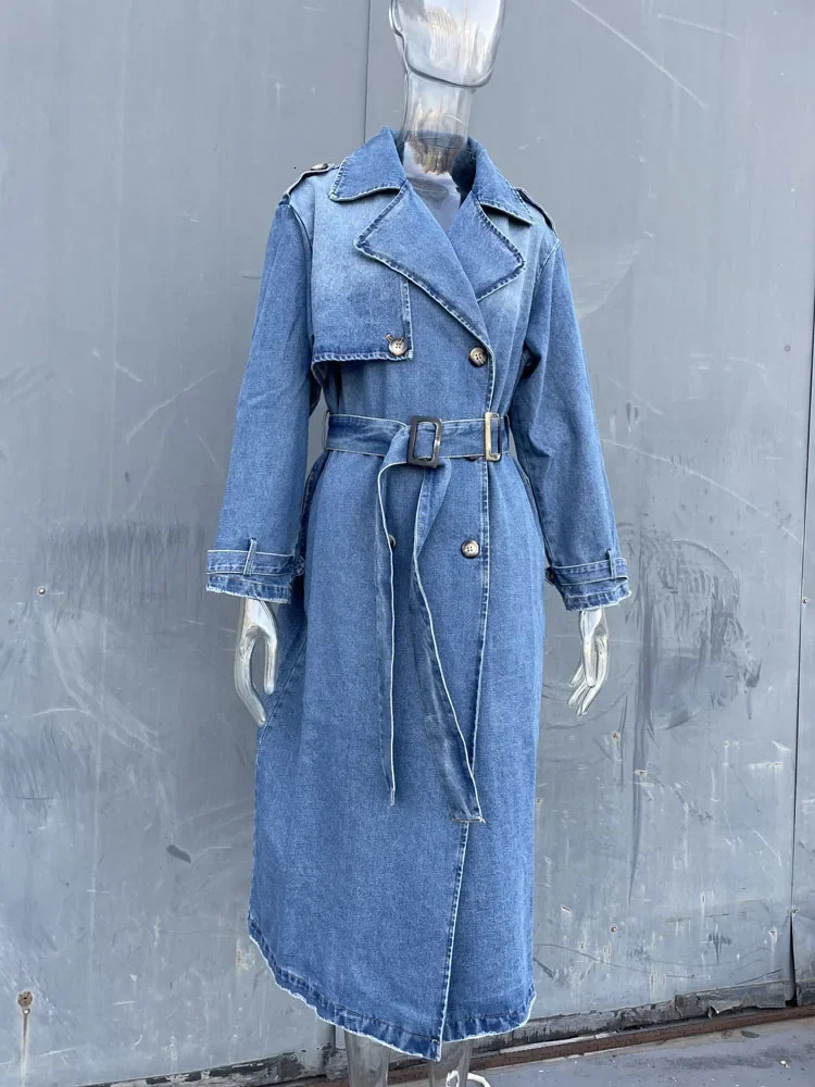 RR2418 X long denim trench coat womens belt slim jeans womens Jaqueta womens blue jeans womens jacket 241209