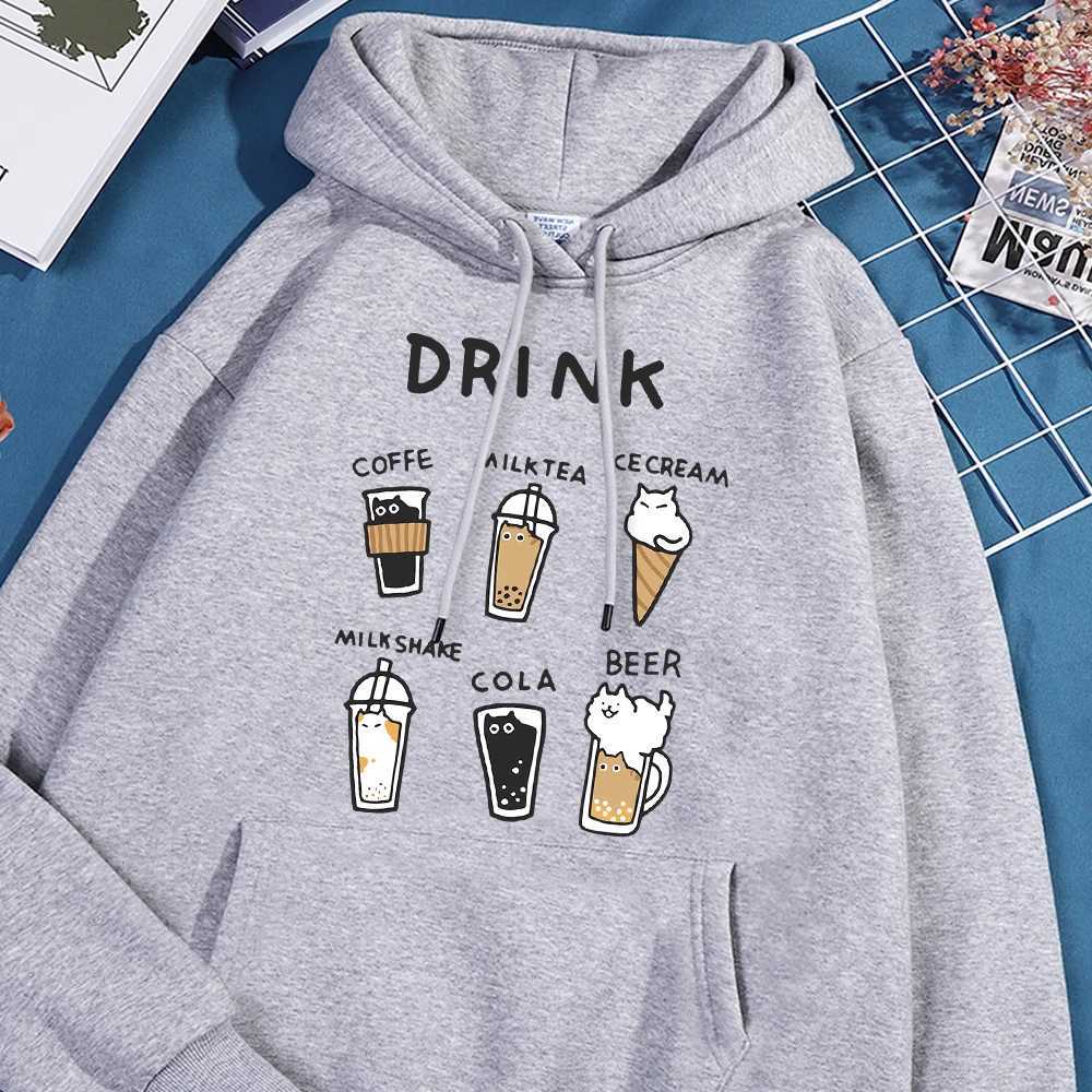 Cat Drinksprinted Hoody Mens Autumn Warm Sweatshirt Ssimple Fit Hoodie Large Zipper Top Creative Design for Womens Top W241213