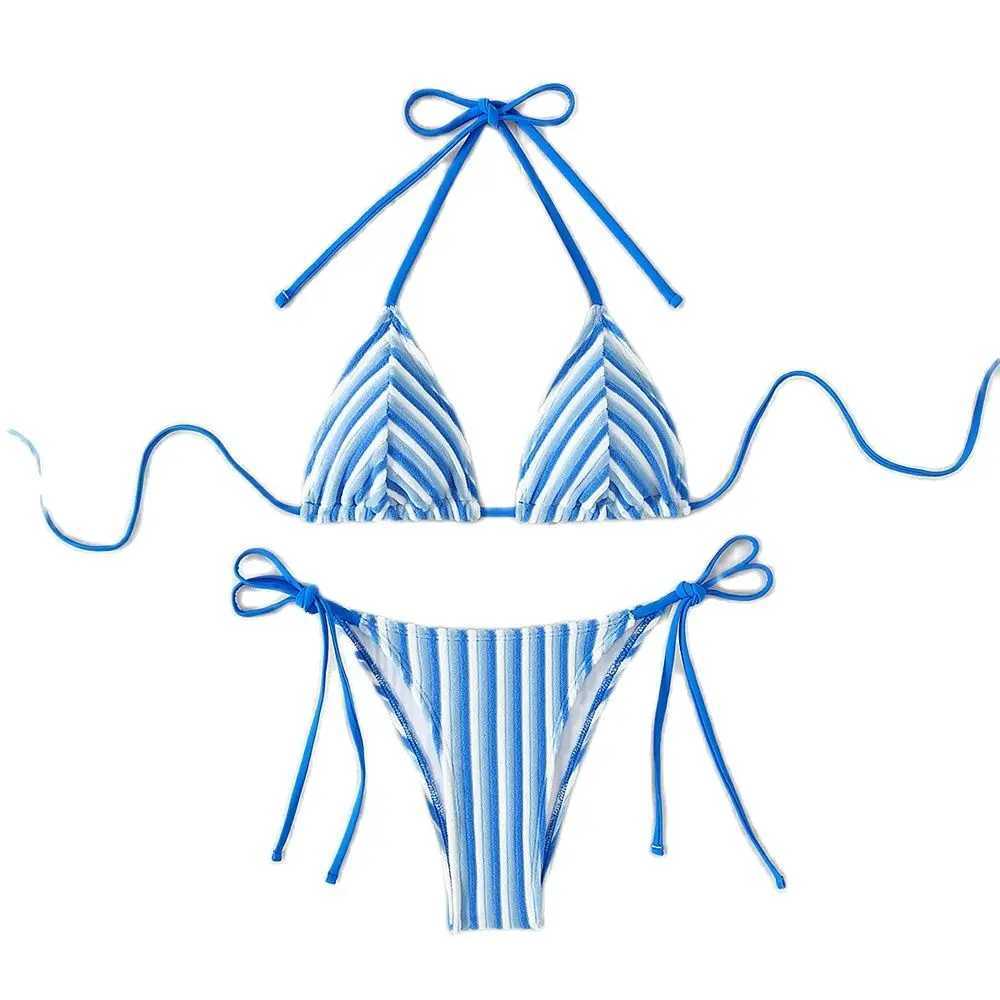 9 Colors New Towel Cloth Halter Neck Tie Up Striped Bikini Swimsuit For Women Summer Beach Vacation Low Waisted Swimwear 2024XJ241212