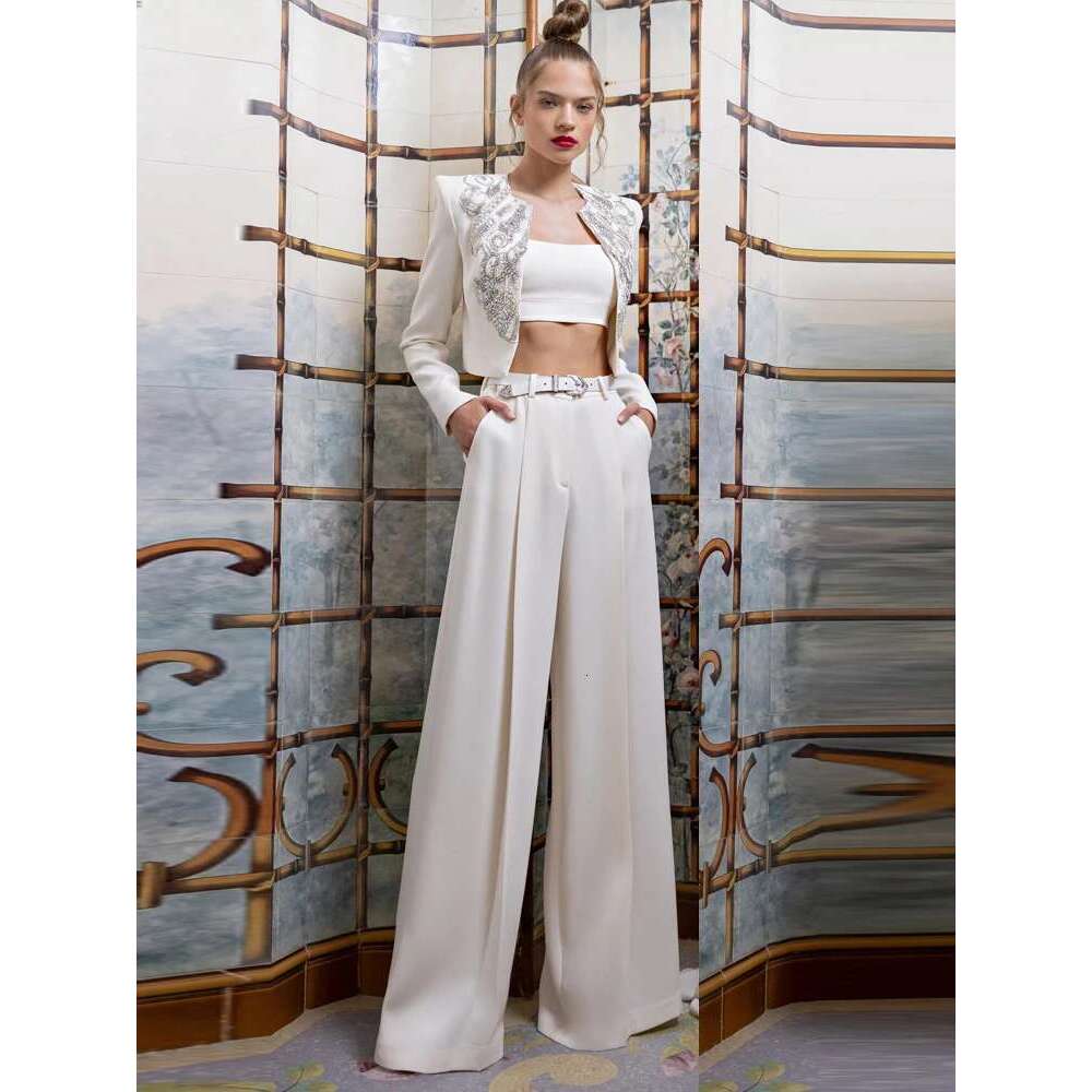 Ladies' Suit HIGH QUALITY Newest Designer Set Women's Dias Rhie Beaded Jacket Wide Leg Pants Suit