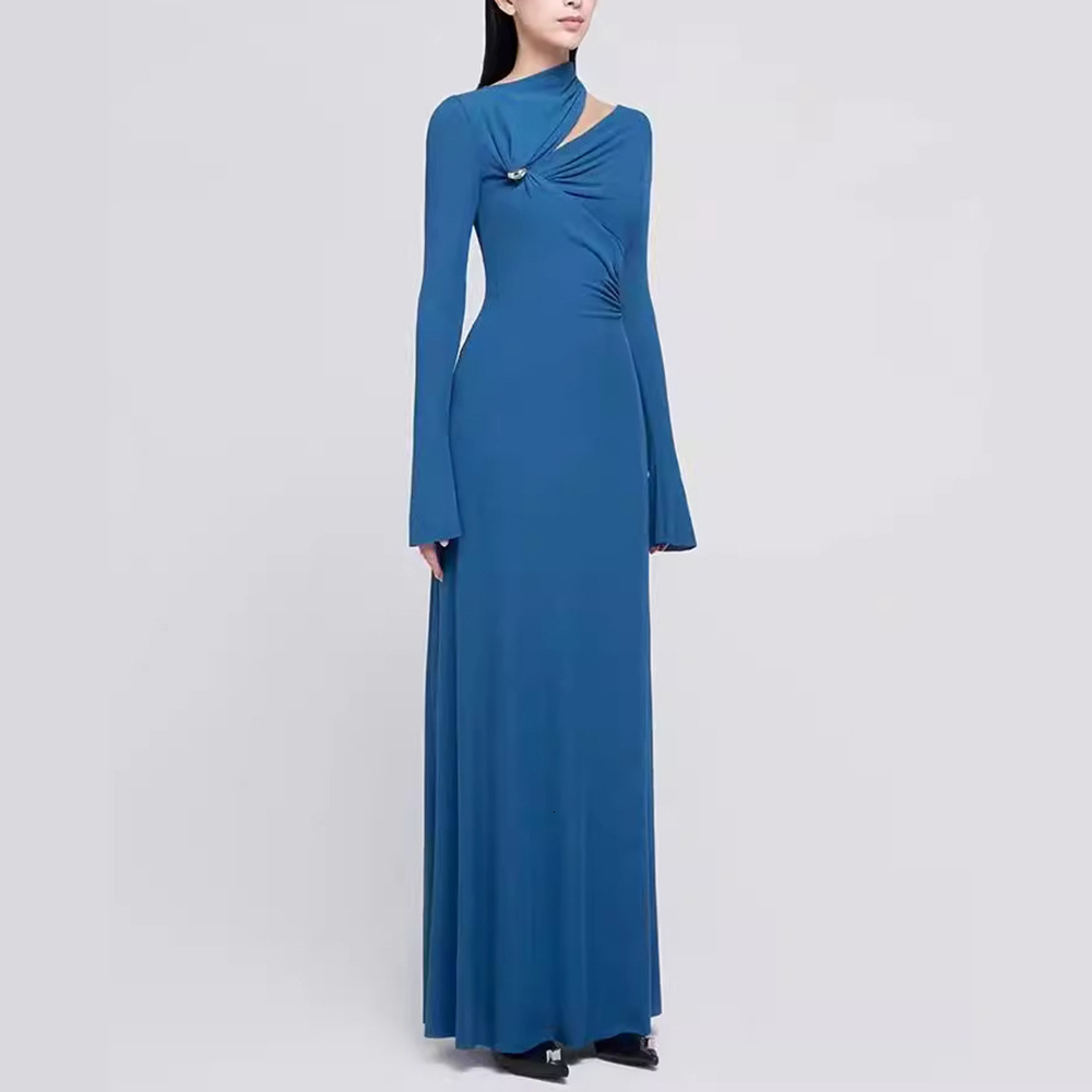 Solid Spliced Folds Elegant Dresses For Women O Neck Long Sleeve High Waist Slimmming Chic Temperament Dress Female