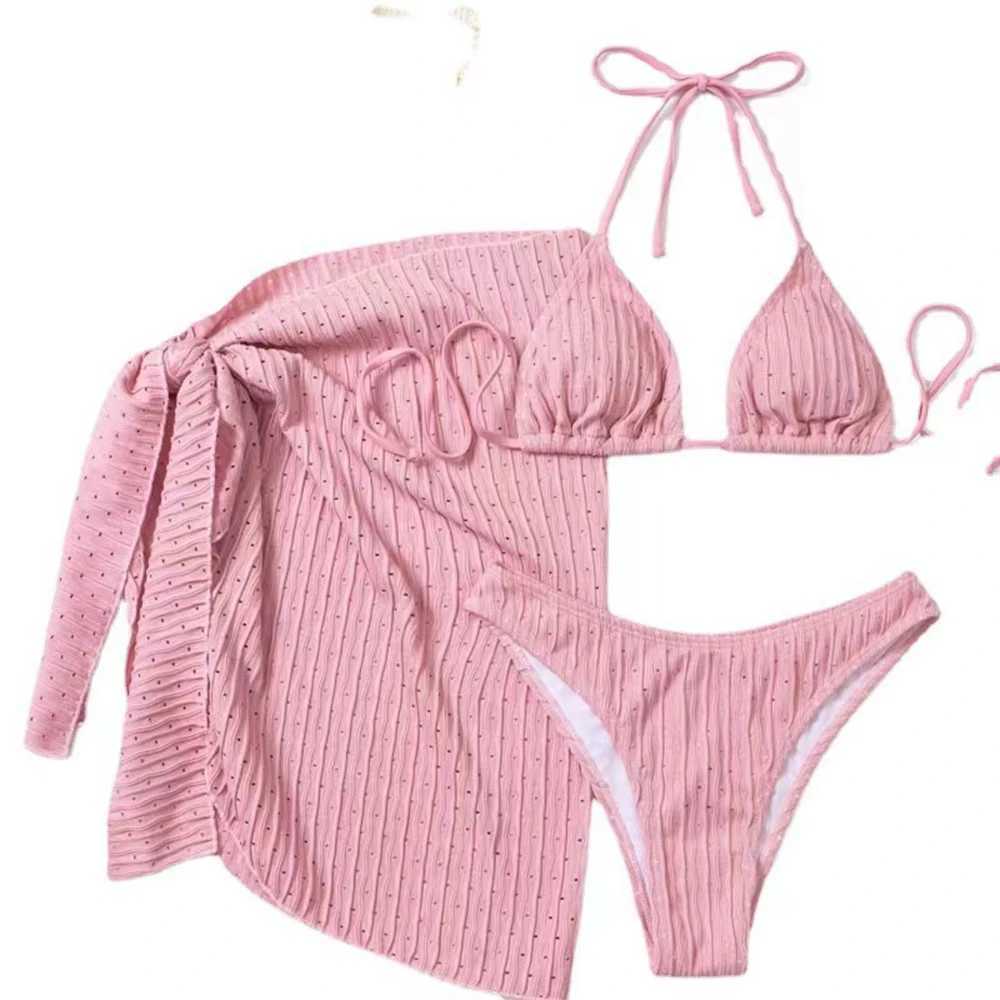 2024 Summer Halter Bikini 3 Pieces Women Special Material Sexy Thong Swimwear With Sarong Skirt White/Black//Green BeachwearXJ241212