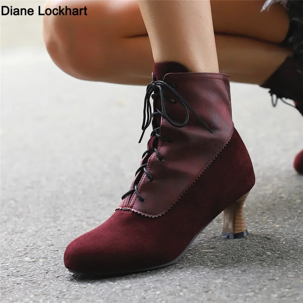 2024 Autumn Lace Womens High Heels Strange Steampunk Boots Victoria Ankle Boots Womens Round Toe Side Zipper Short Boots 241213