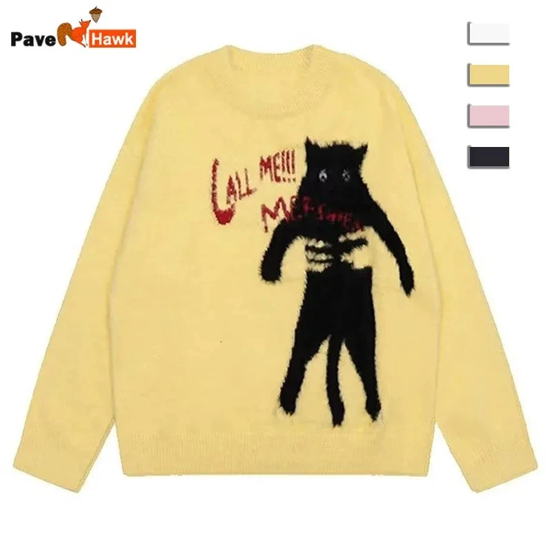 Cartoon Knitting Sweater Men Women Loose Knitted Jumpers Autumn Streetwear Haruku Cat Pattern College Knit Pullovers Couple