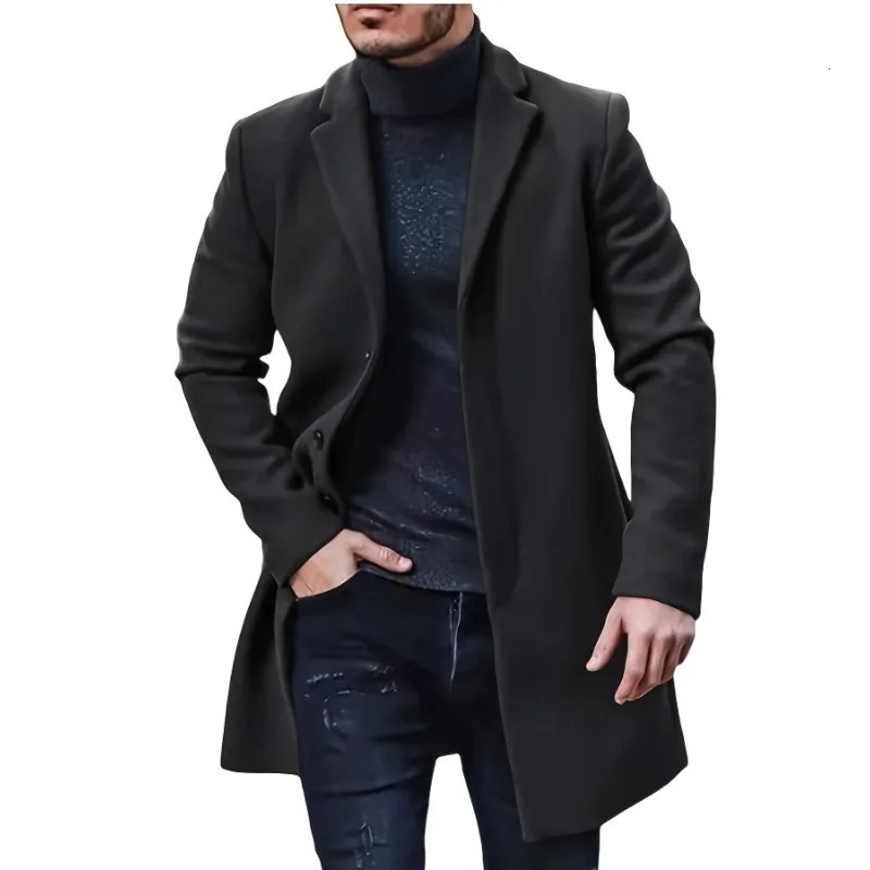 Mens Woolen Jacket Medium Length Windbreaker Casual Decorative Top 241213