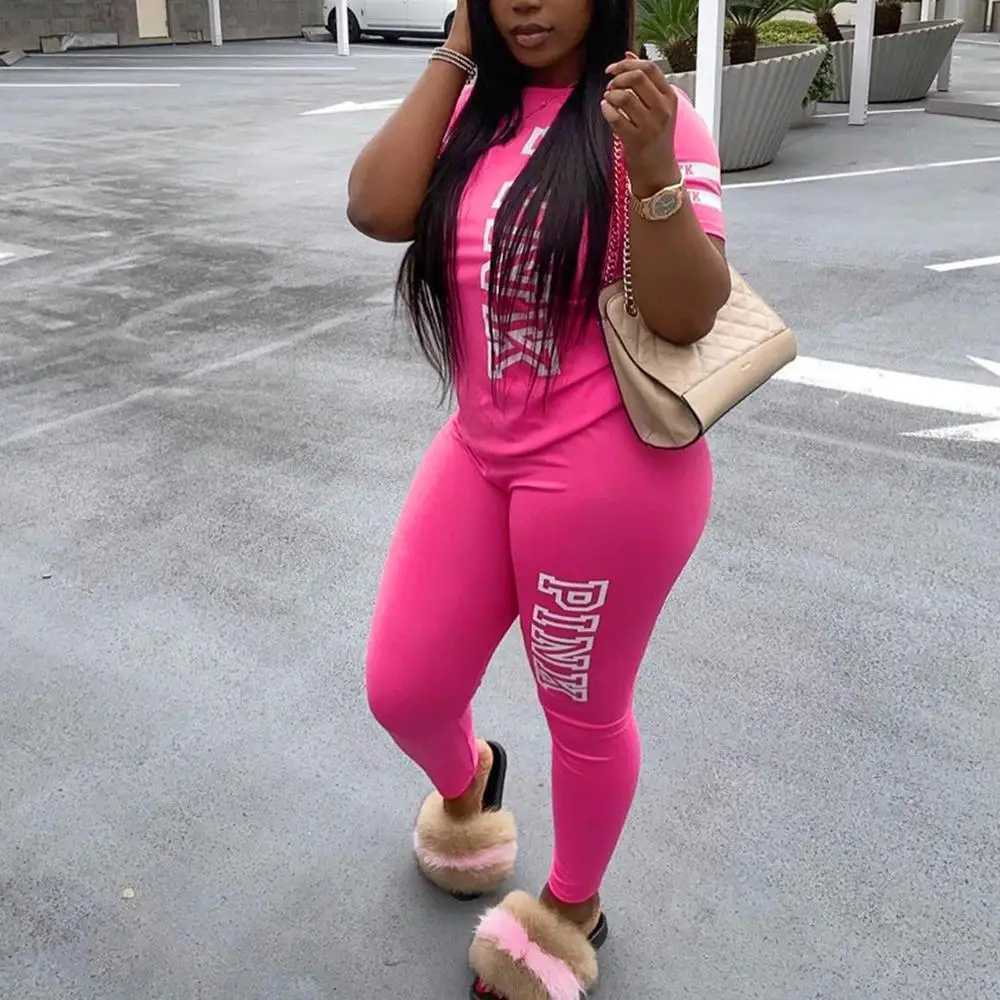 Women's Two Piece Pants Sexy Women Two Set Pcs Letter Print Sweat 2 Piece Set Womens Outfits Fashion Short Slve Tops Pants Set Summer Sportswear 